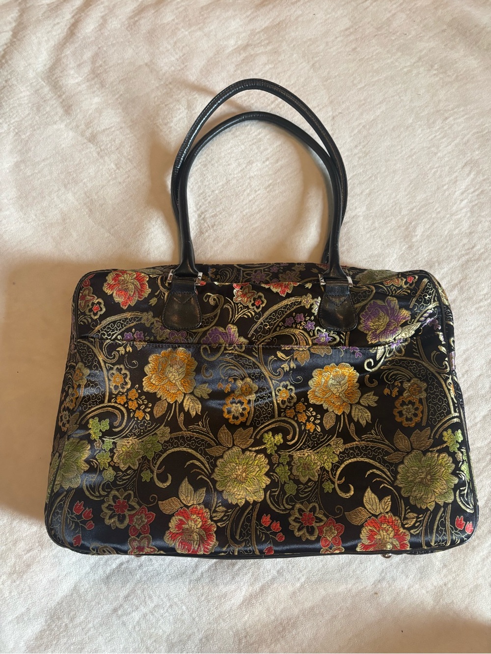 Vintage Mango Tango Floral Brocade Travel Tote Carry On Bag Black Gold